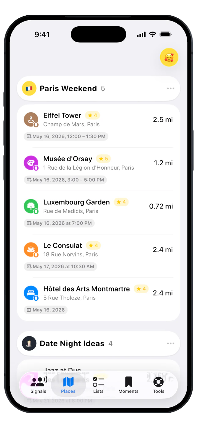 Saved places and trip plans in Mudu