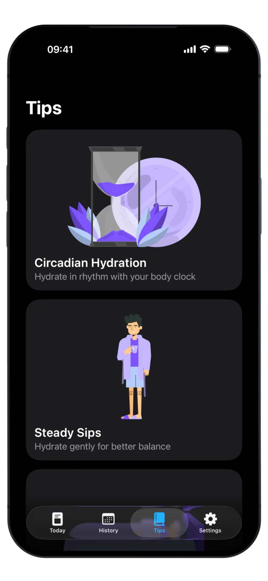 Noctur tips screen with circadian hydration guidance